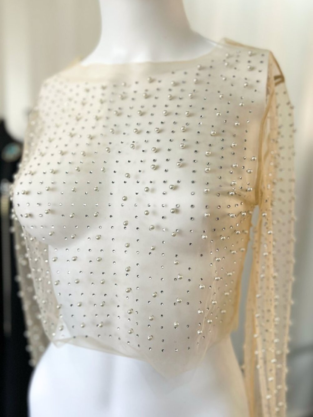 Pearl and Rhinestone Mesh Cropped Top - S/M
